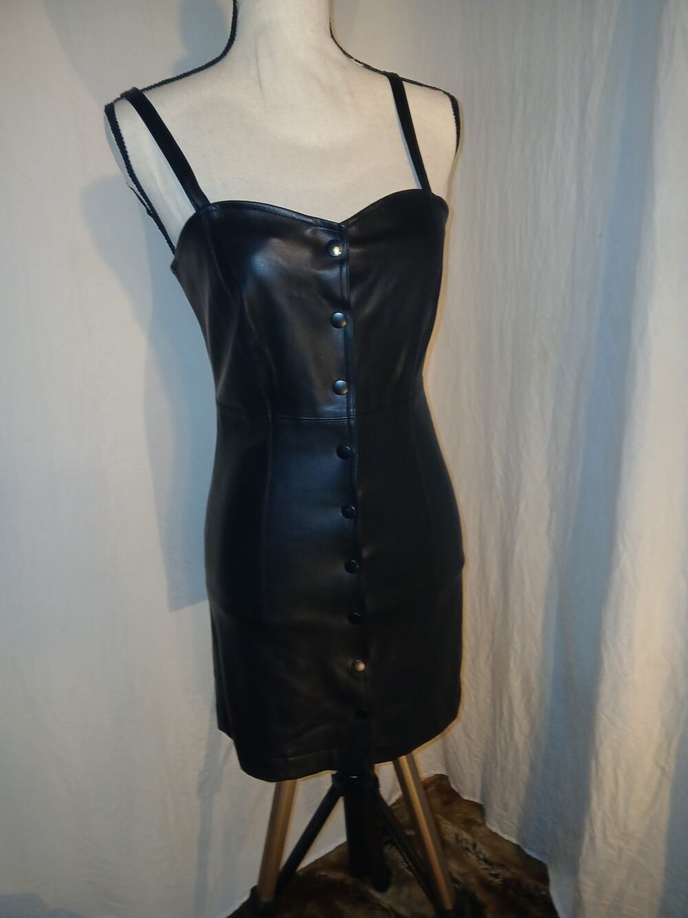 Forever 21 Black Leather Look Button Front Mini Dress S Gothic Chic